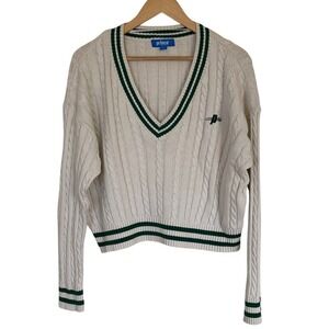Prince Pickleball Size L Cable Knit Sweater Green Stripes Cropped Cotton Sporty‎